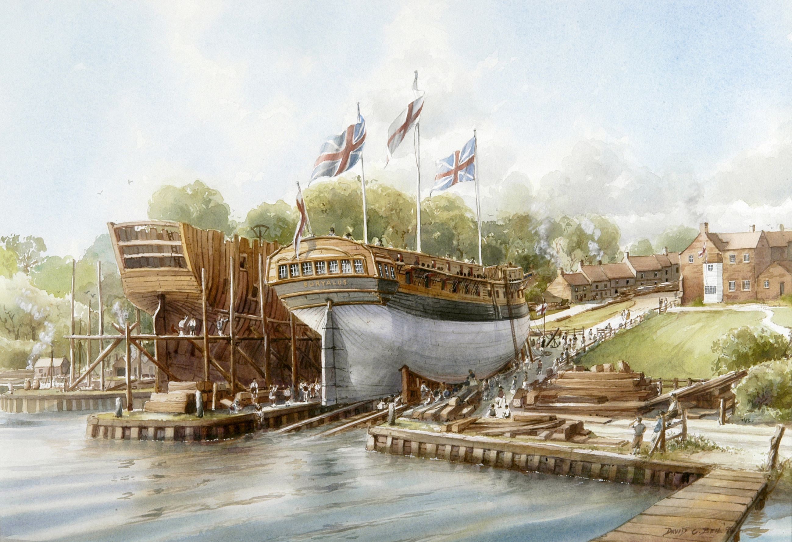 Launch Of HMS Euryalas At Bucklers Hard By Marine Artist David Bell